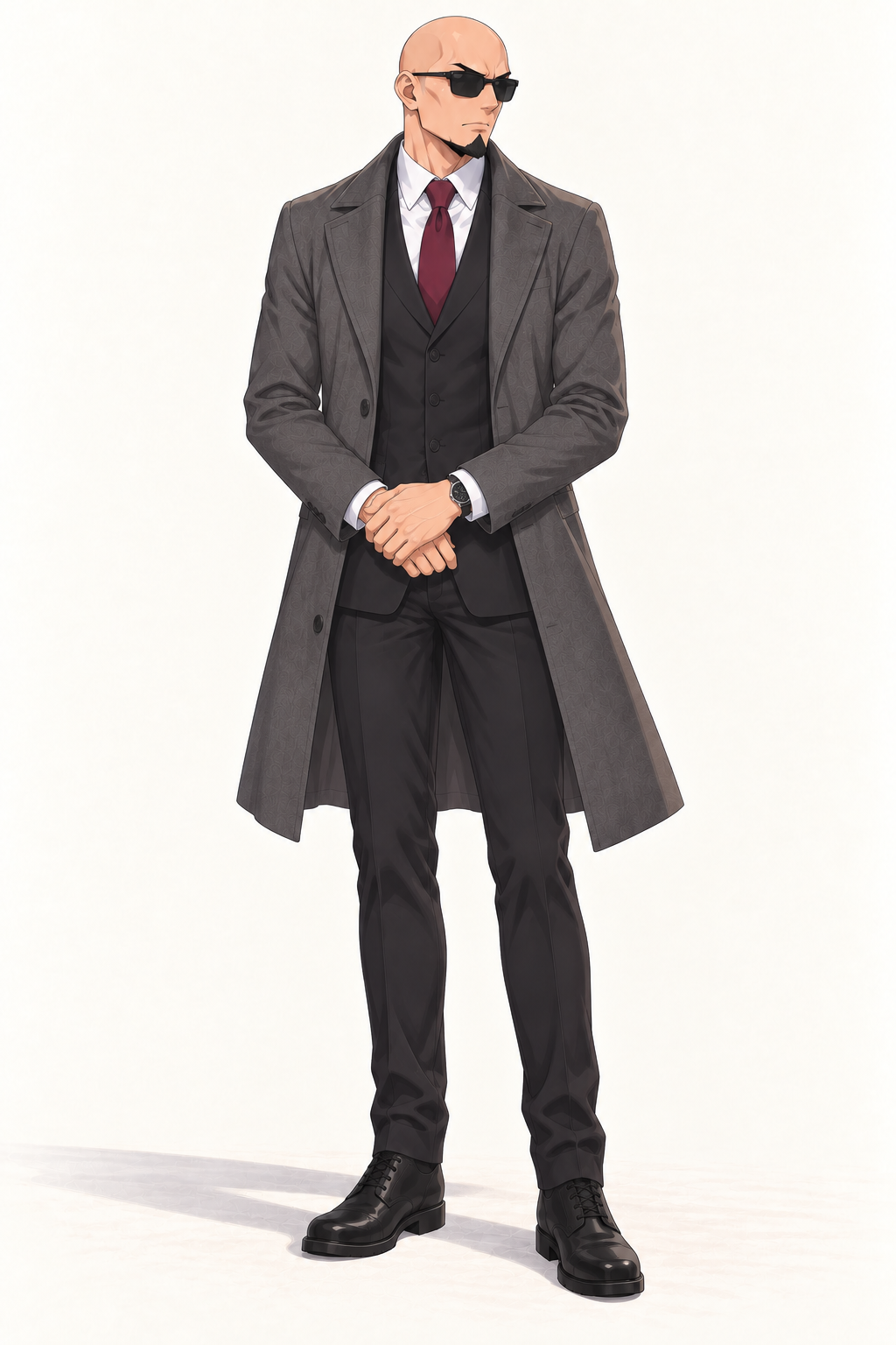 Reiner stands with hands folded, wearing a grey overcoat, dark suit and sunglasses.