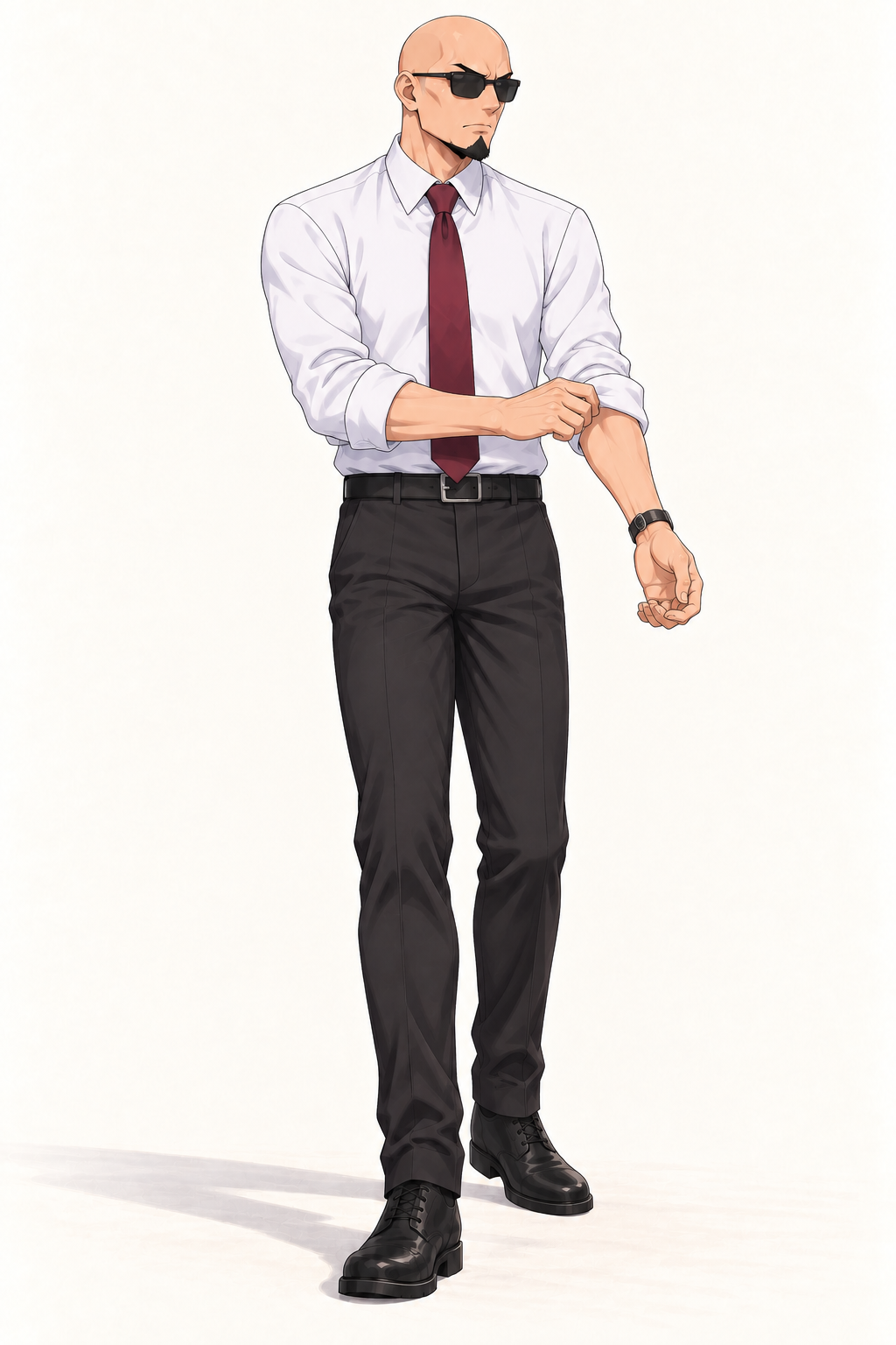 Reiner rolls up a white shirt sleeve, wearing dark trousers and a burgundy tie.