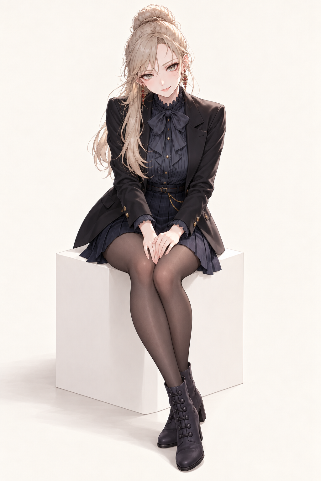 Sherie wears a black jacket, navy ruffled blouse and pleated skirt, dark tights and ankle boots. Seated with hands together.