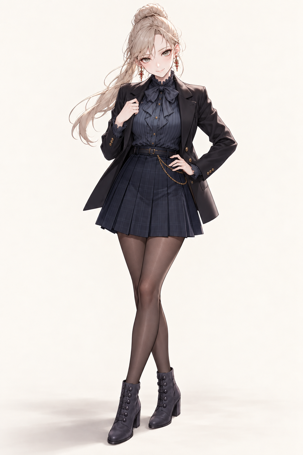 Sherie wears a black jacket, navy ruffled blouse and pleated skirt, dark tights and ankle boots. Standing with hand at lapel.