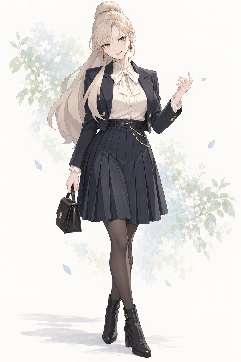 Sherie wears a cropped navy jacket, ivory bow blouse and pleated skirt with tights and ankle boots, carrying a black handbag.