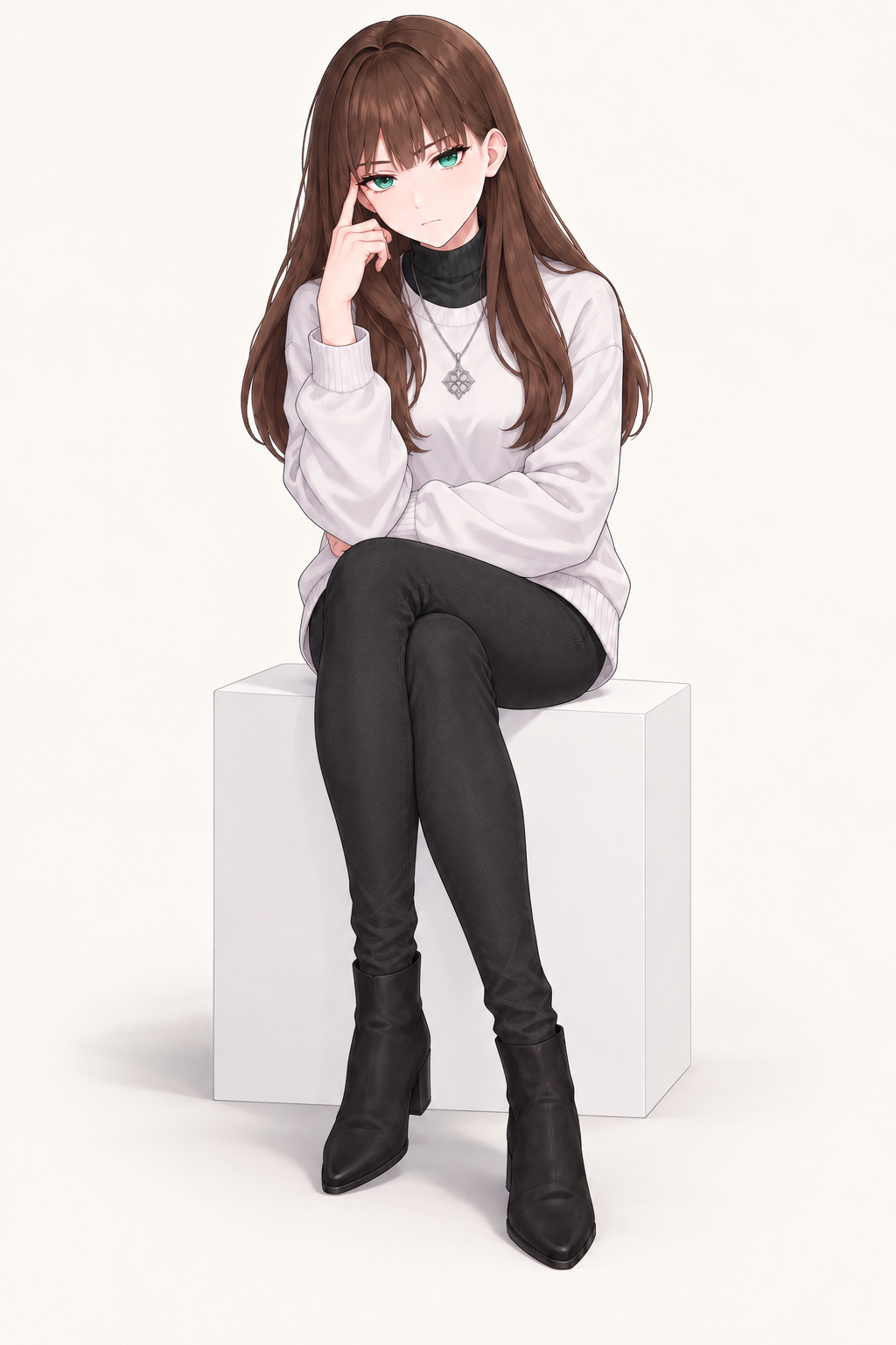 Yulia wears an ivory sweater over a dark high-neck top and dark trousers. Seated with hand at temple.