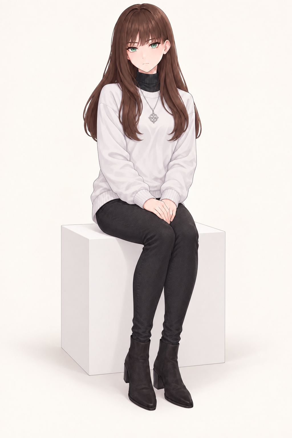 Yulia wears an ivory sweater over a dark high-neck top and dark trousers. Seated with hands in lap.