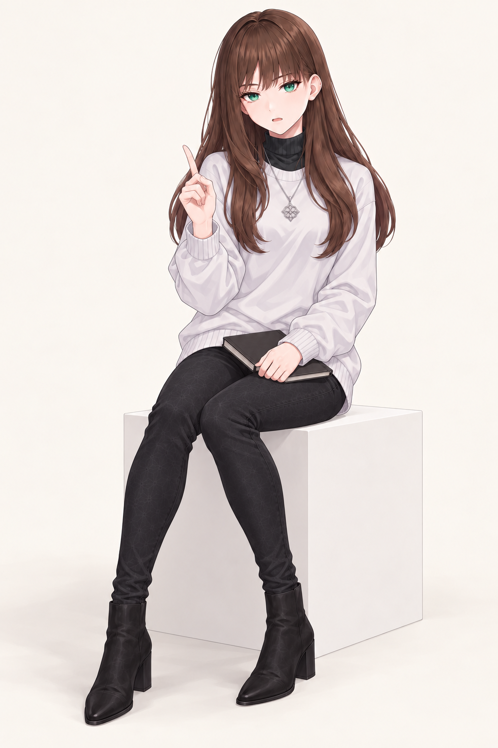 Yulia wears an ivory sweater over a dark high-neck top and dark trousers. Seated with raised finger.