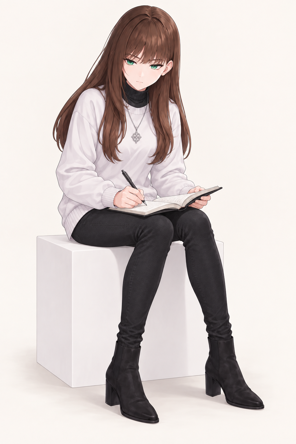 Yulia wears an ivory sweater over a dark high-neck top and dark trousers. Writing in notebook.