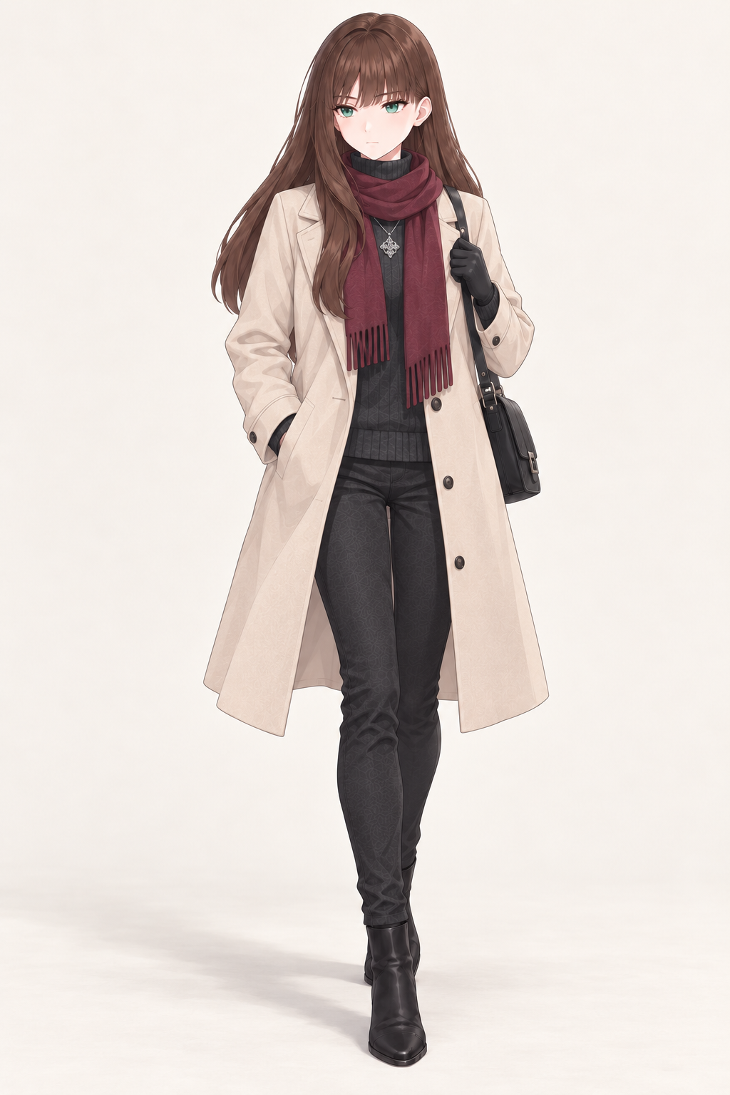 Yulia wears an ivory coat, burgundy scarf, dark trousers and black gloves. Holding shoulder-bag strap.