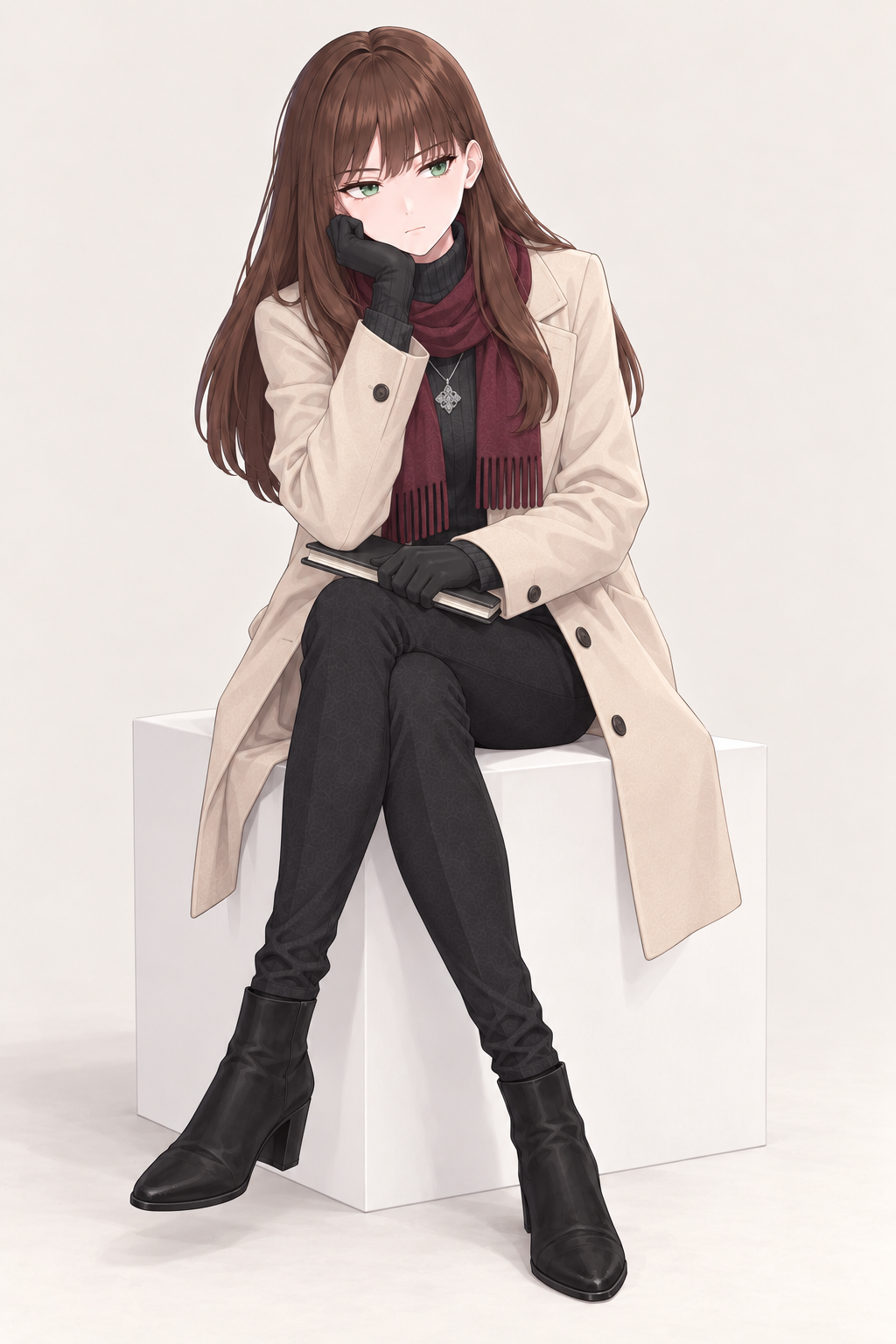 Yulia wears an ivory coat, burgundy scarf, dark trousers and black gloves. Seated with notebook and crossed legs.