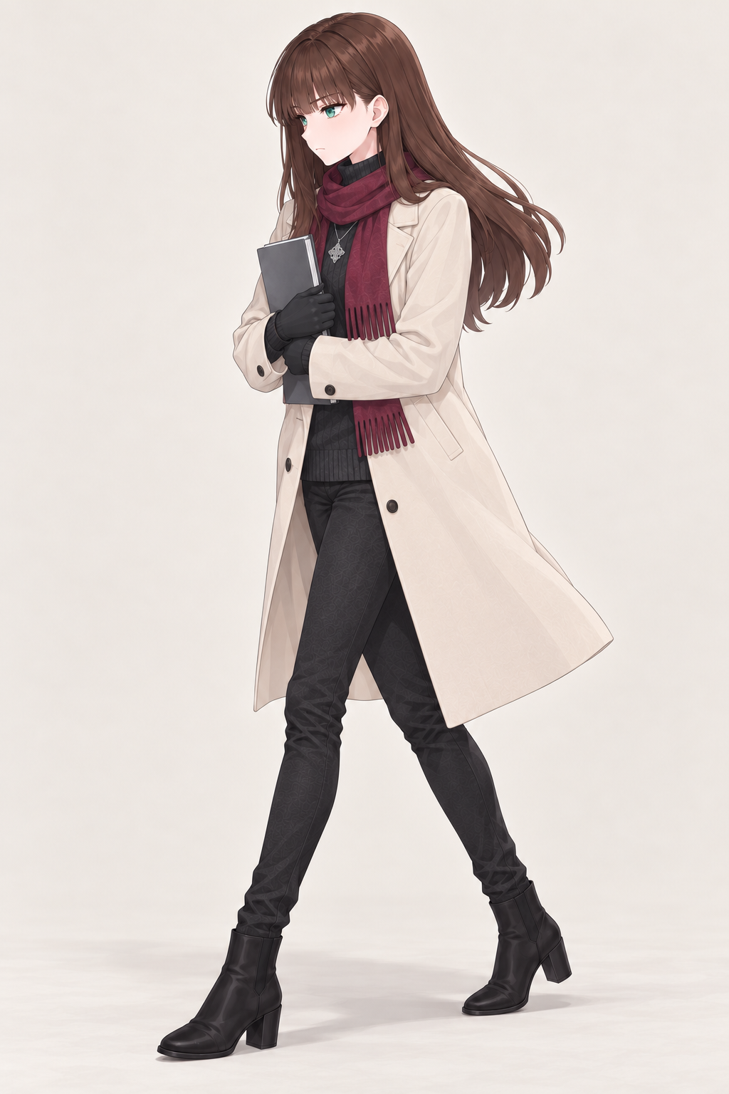 Yulia wears an ivory coat, burgundy scarf, dark trousers and black gloves. Walking with notebook.