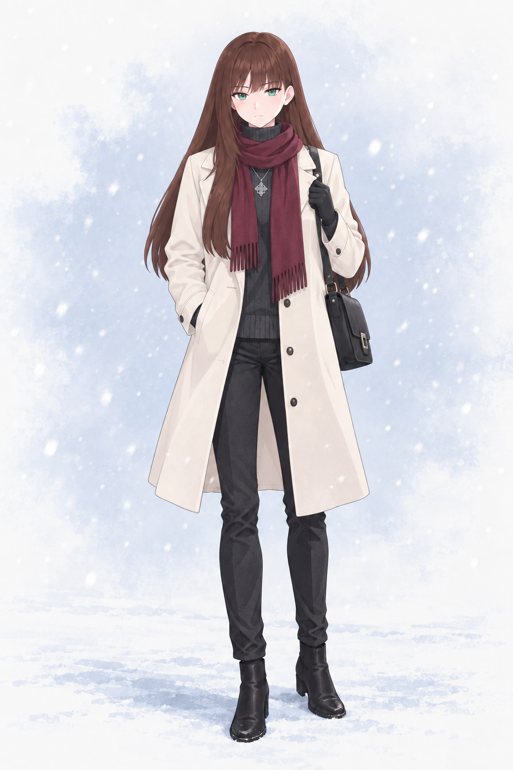 Yulia wears an ivory coat over a dark sweater and trousers, with a burgundy scarf, gloves, pendant and shoulder bag.