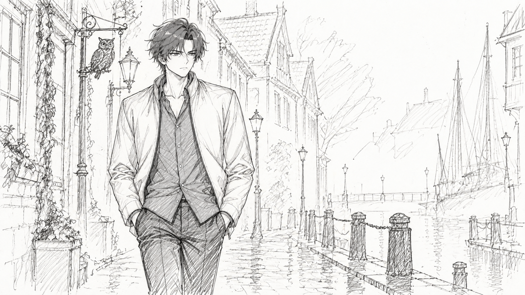Kyrien walks along a cobbled riverside with his hands in his jacket pockets.