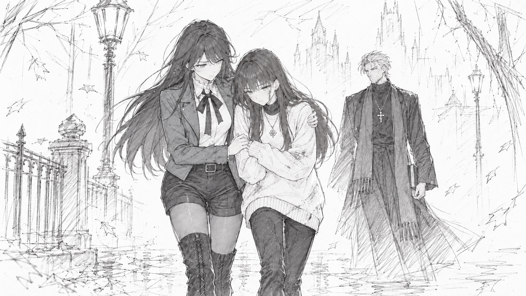 Lynleit puts an arm around Yulia while Father Mikhail stands behind them.