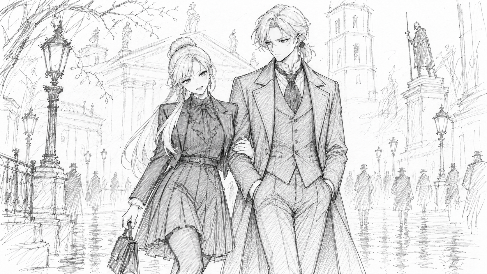 Sherie links arms with Drake as they walk through an old-town square.