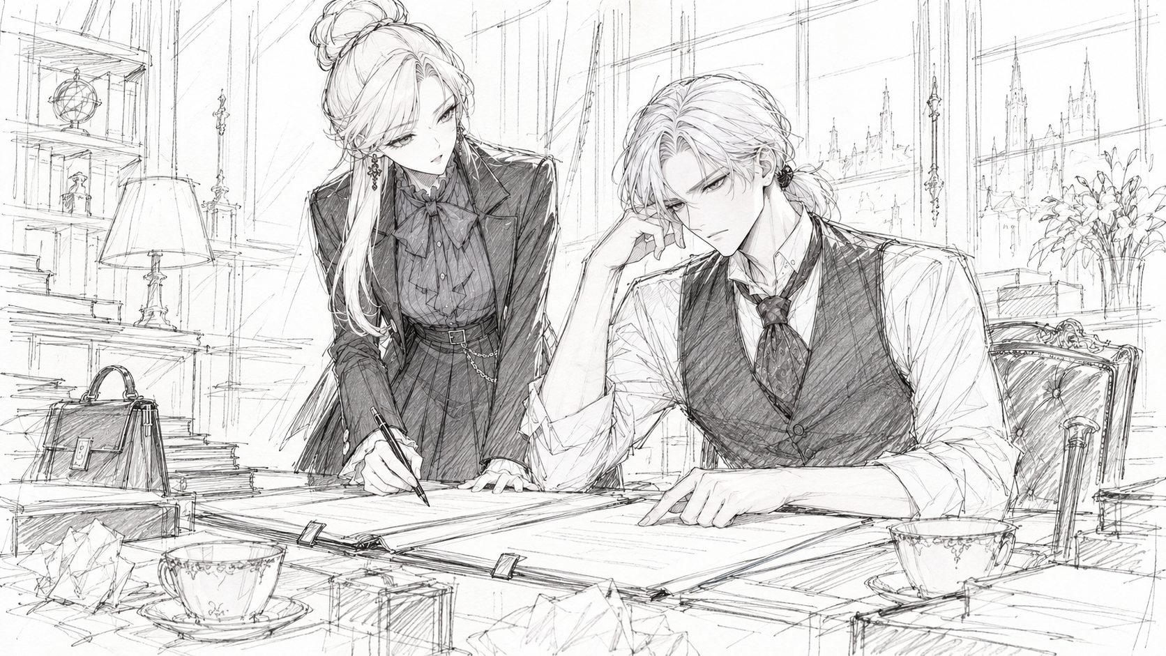 Sherie leans over papers at a desk while Drake sits beside her with a hand at his temple.