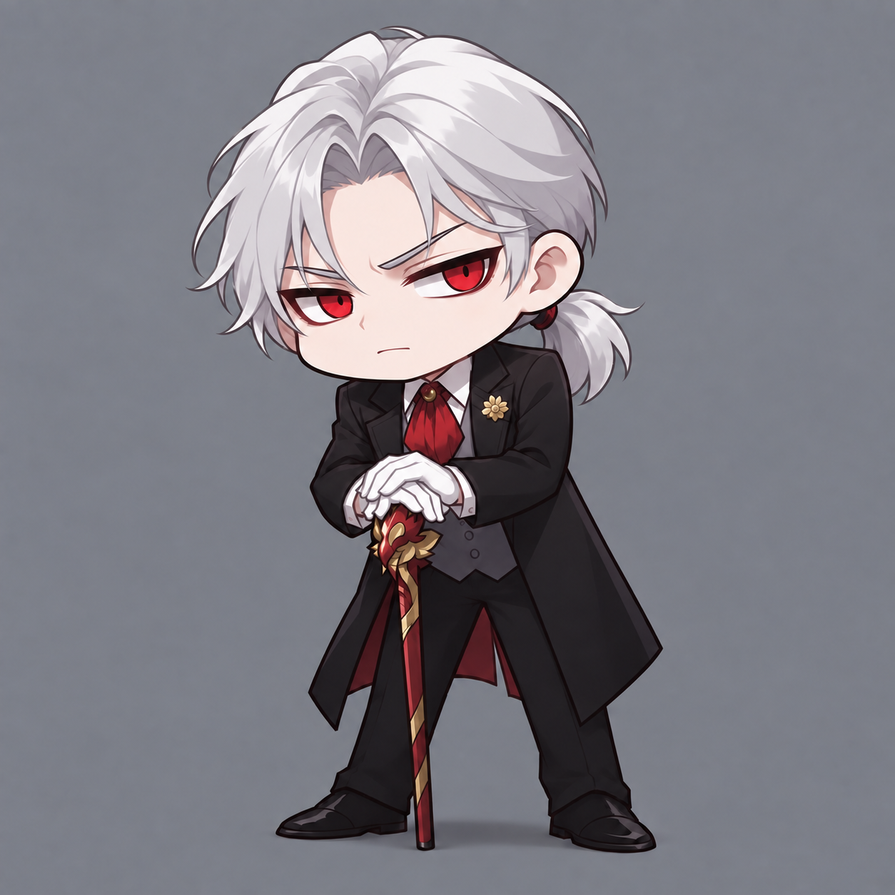 Drake leaning over both gloved hands on his ornate cane, with silver-white hair, red eyes and a disapproving expression.