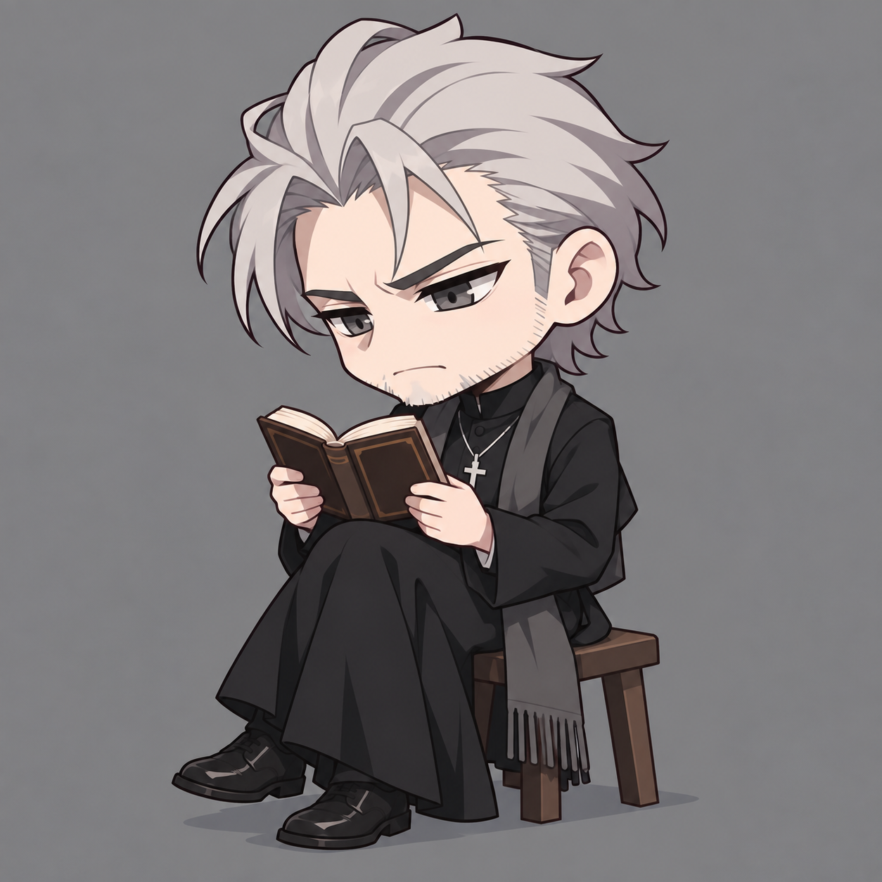 Chibi artwork of Father Mikhail reading