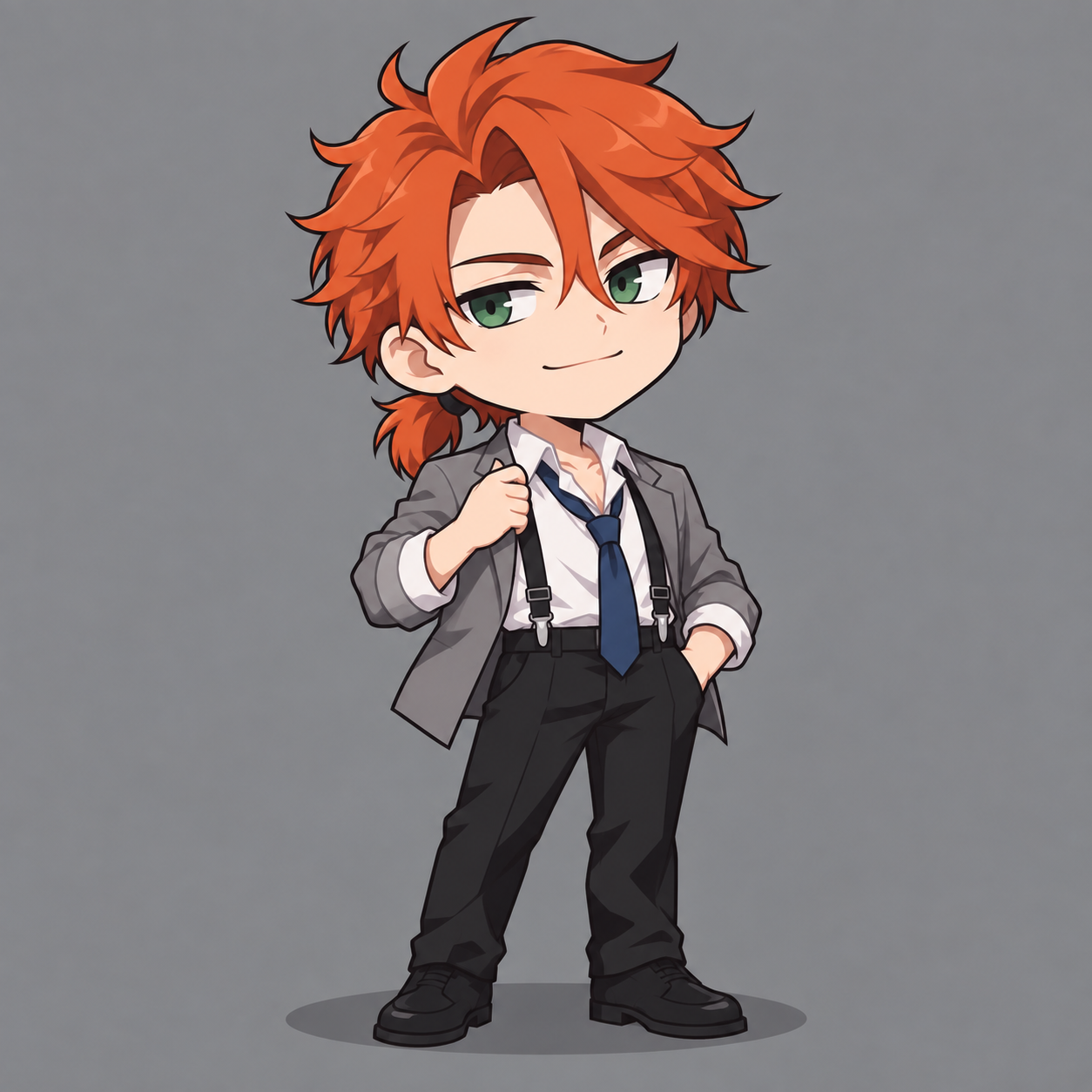 Felix chibi with an orange ponytail, green eyes and a crooked smile, holding the lapel of his grey jacket over a white shirt, loose blue tie and black suspenders.