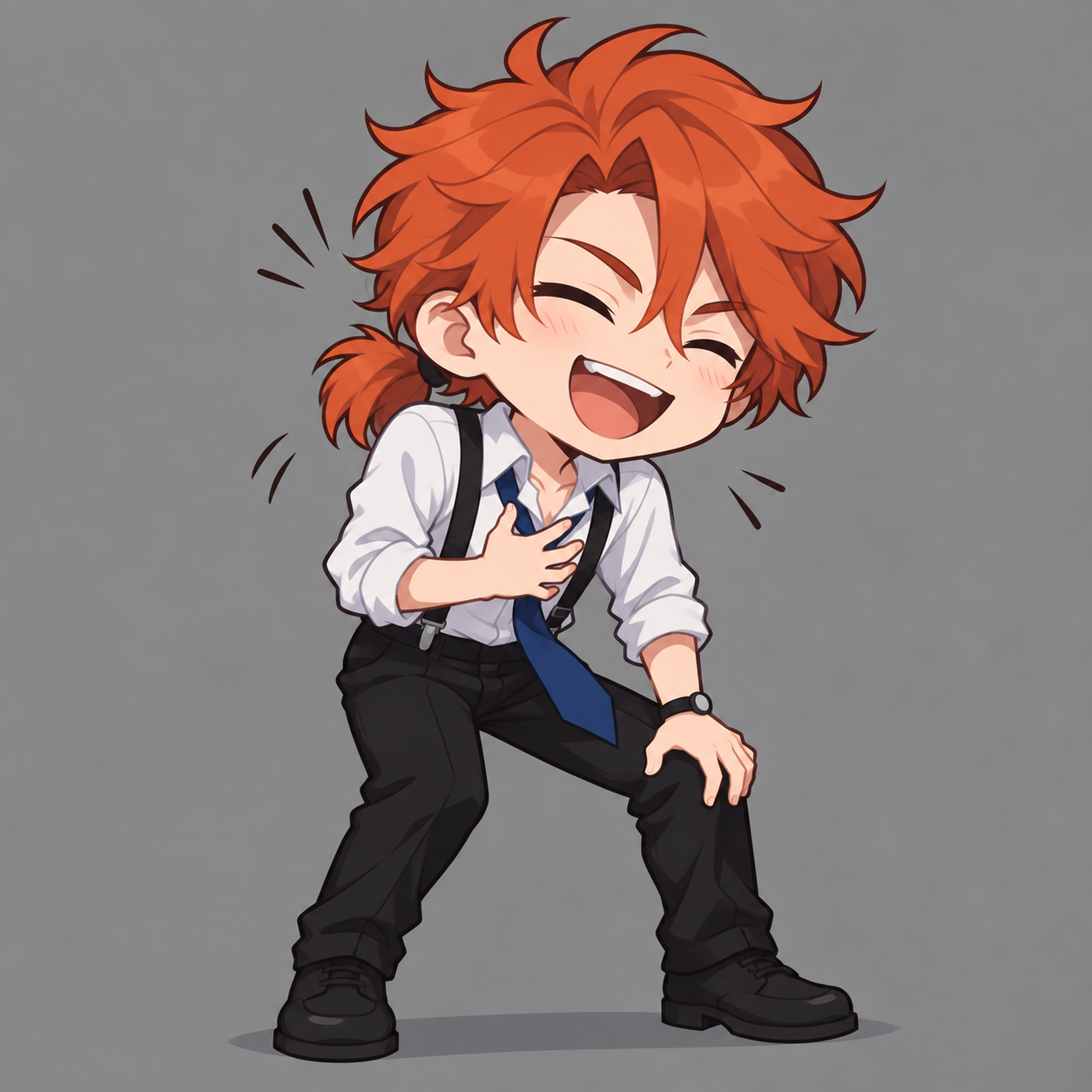Felix doubled over laughing, one hand on his chest and the other on his knee, orange ponytail bouncing above his white shirt and suspenders.