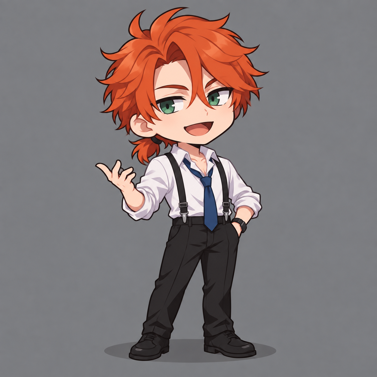 Chibi artwork of Felix with an orange ponytail, blue tie and black suspenders