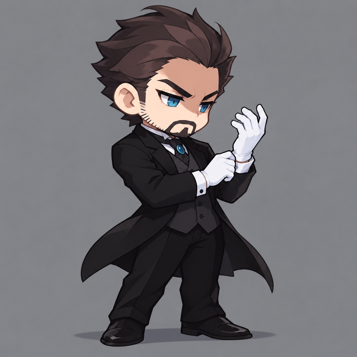Fionn thoughtfully adjusting a white glove, wearing a formal dark coat and waistcoat, with swept-back hair and a trimmed moustache and goatee.