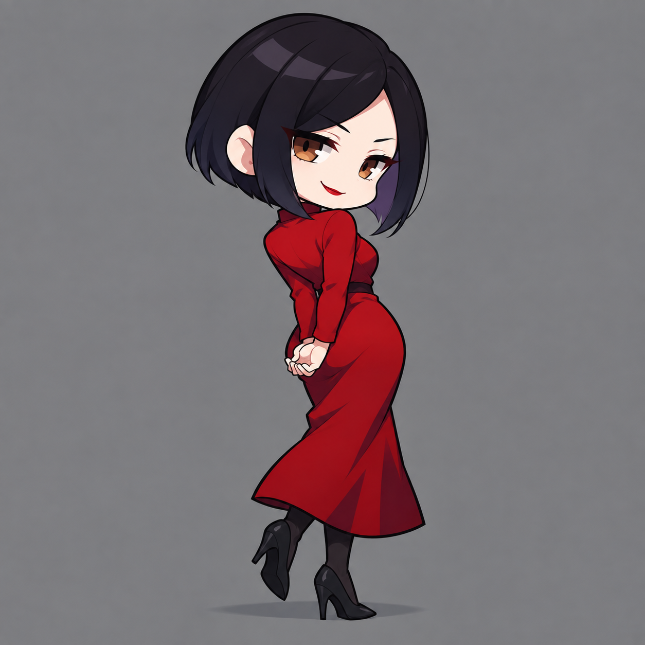 Helena looking back over her shoulder with a controlled smile, hands clasped behind her red dress and one black heel lifted.