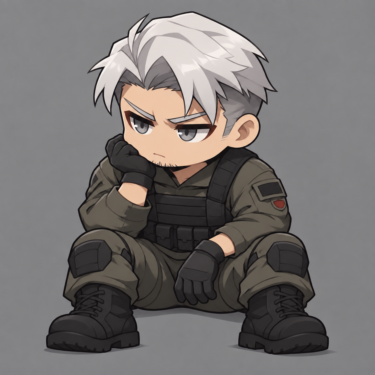 Heyk seated with boots planted and his cheek resting on one gloved fist, looking unimpressed in olive-grey fieldwear.