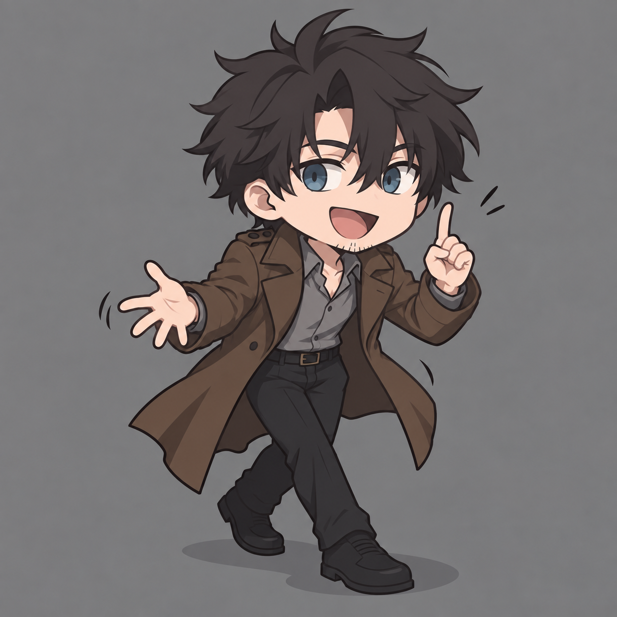 Hiyu leaning into an excited explanation, one finger raised and the other hand spread, wearing his brown coat and grey shirt.
