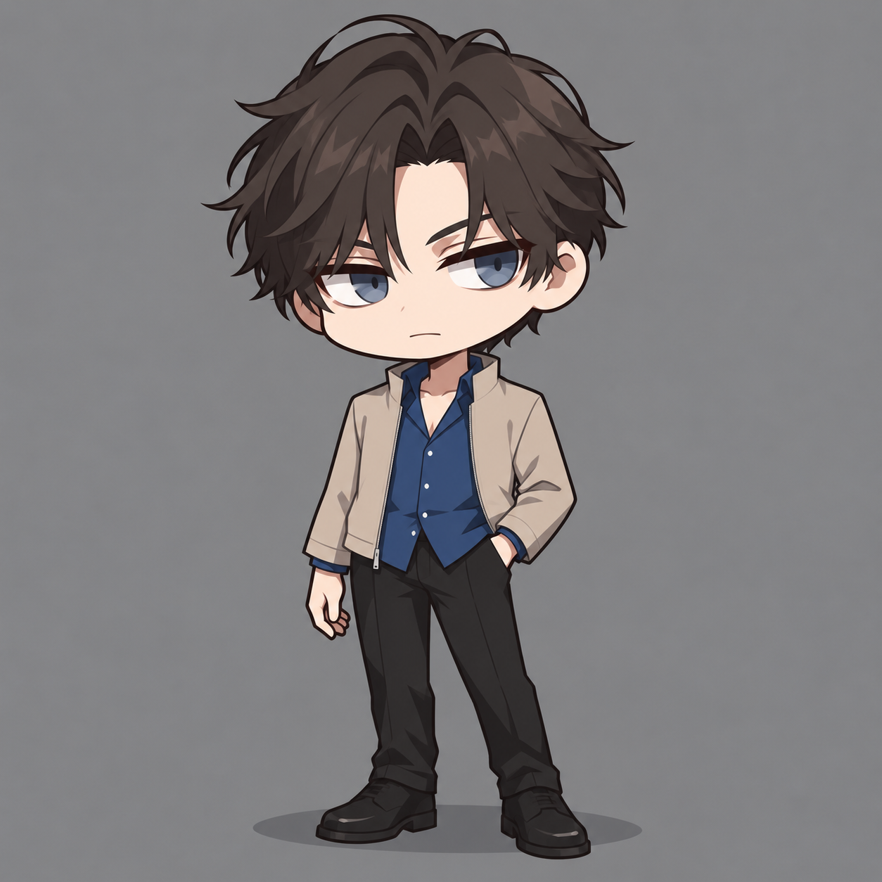Kyrien in Arc 1, chibi artwork with a beige jacket and blue shirt