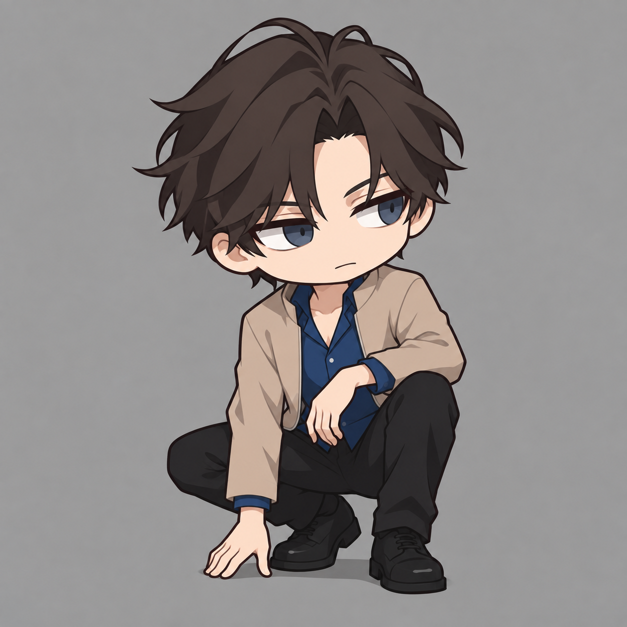 Kyrien in Arc 1, in a low, alert crouch with middle-parted dark hair, slightly tired grey-blue eyes, a beige jacket, blue shirt and black trousers.