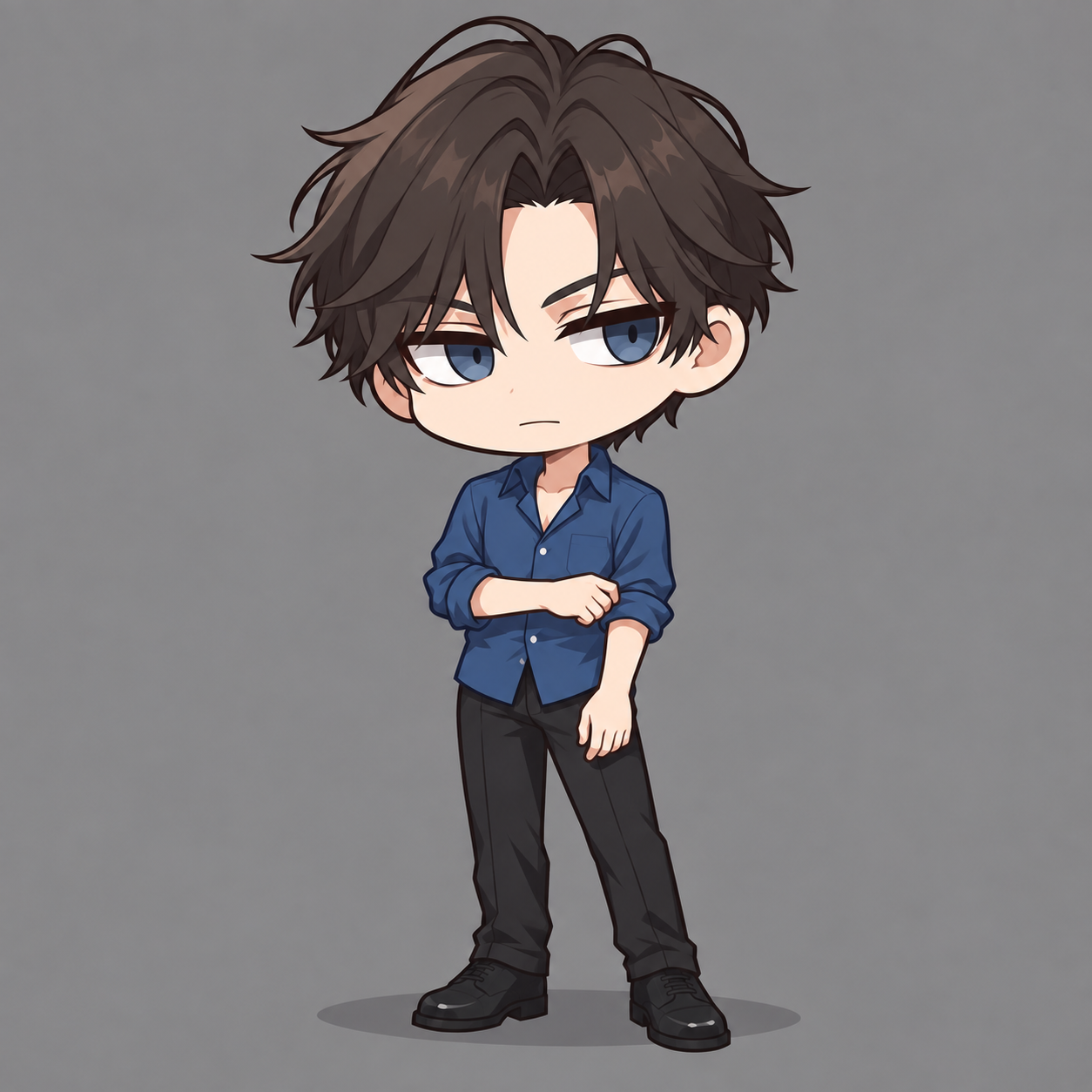 Kyrien chibi costume study with center-parted brown hair and subtly tired blue-grey eyes, adjusting the rolled sleeve of his blue shirt above black trousers and shoes.