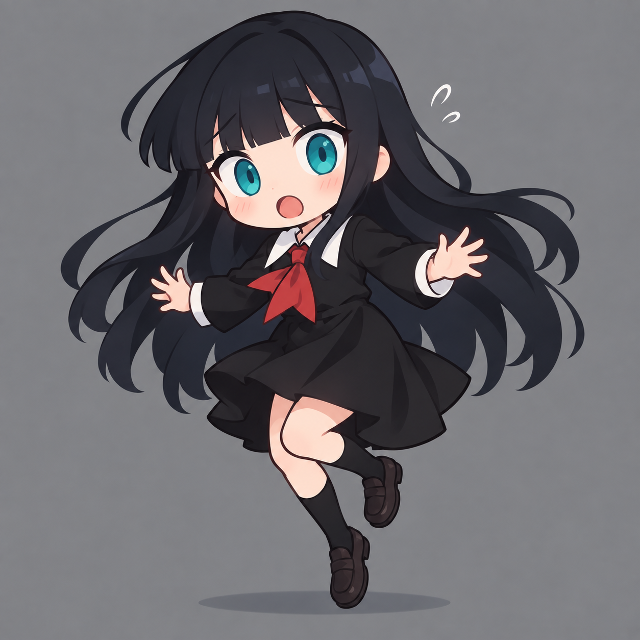 Myka caught off balance in a small startled hop, turquoise eyes wide, black hair swinging and hands spread beside her black academic uniform.