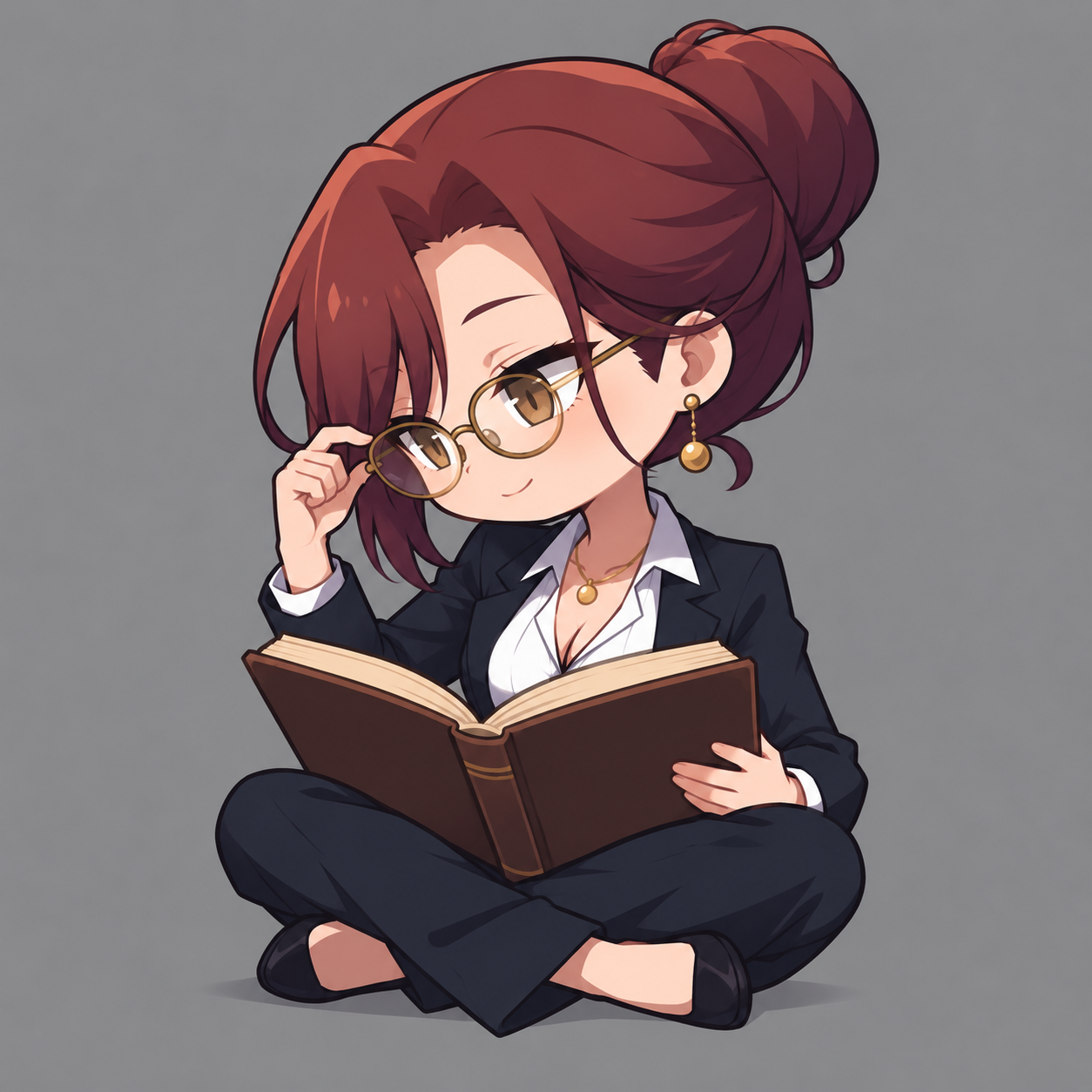 Natalia reading cross-legged on the floor, adjusting her gold-rimmed glasses above an open brown book, in a navy suit and white blouse.