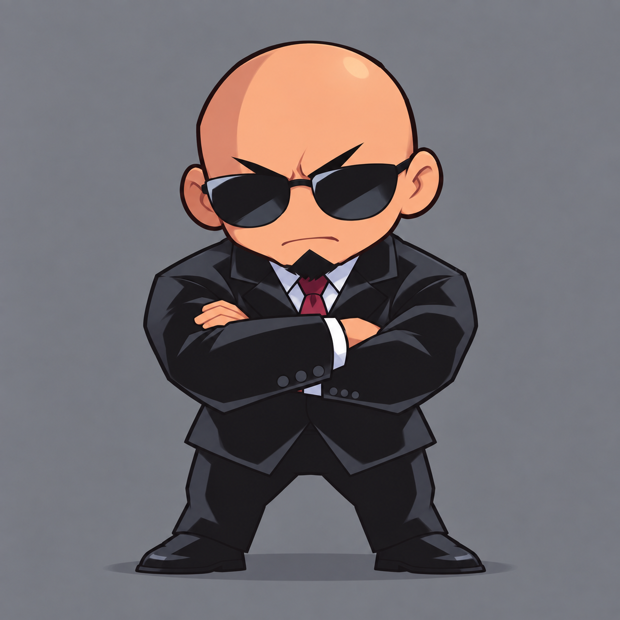 Reiner standing squarely with folded arms, black sunglasses, a trimmed goatee and a severe expression, wearing his dark suit and red tie.
