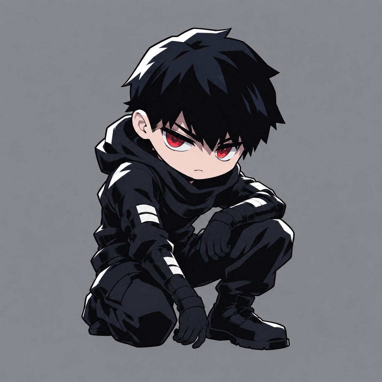 Tien in a quiet low crouch, crimson eyes watchful beneath a black fringe, wearing dark fieldwear with his gloved hands empty.