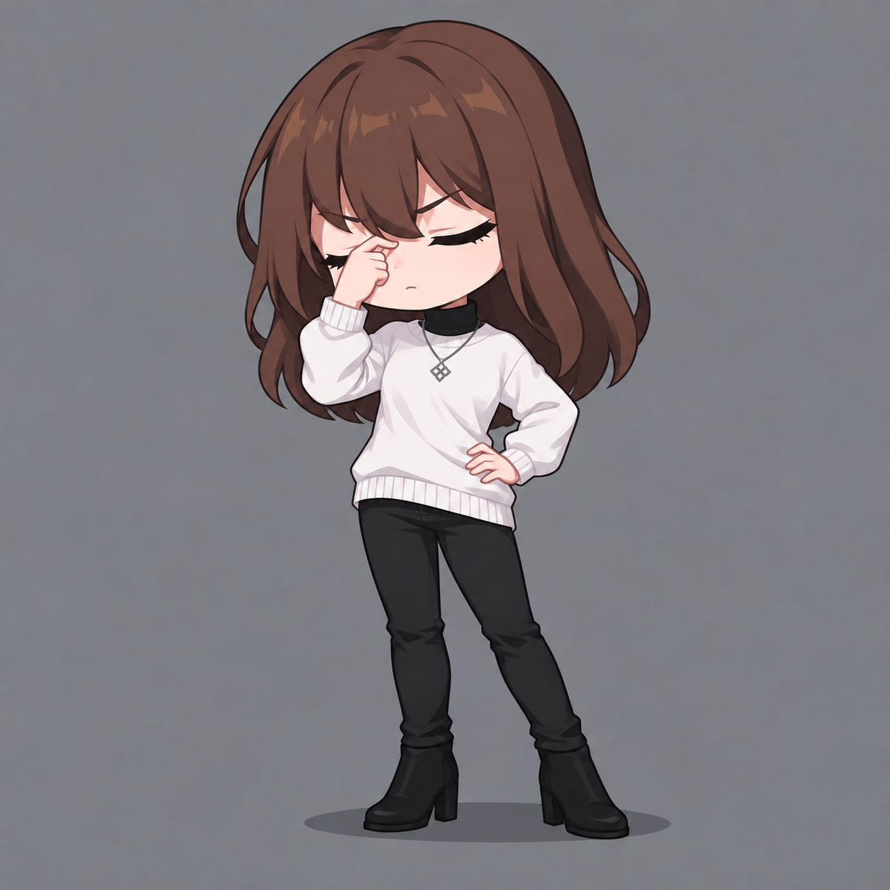 Yulia closing her eyes and pinching the bridge of her nose, one hand on her hip, with her silver pendant over a white sweater and black high neck.