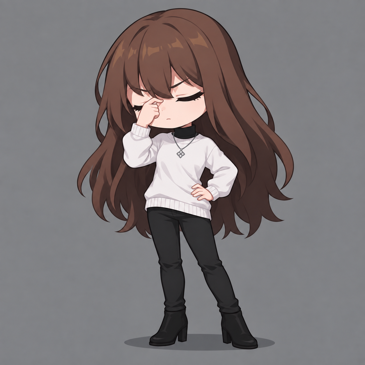 Yulia closing her eyes and pinching the bridge of her nose, one hand on her hip, with her silver pendant over a white sweater and black high neck.