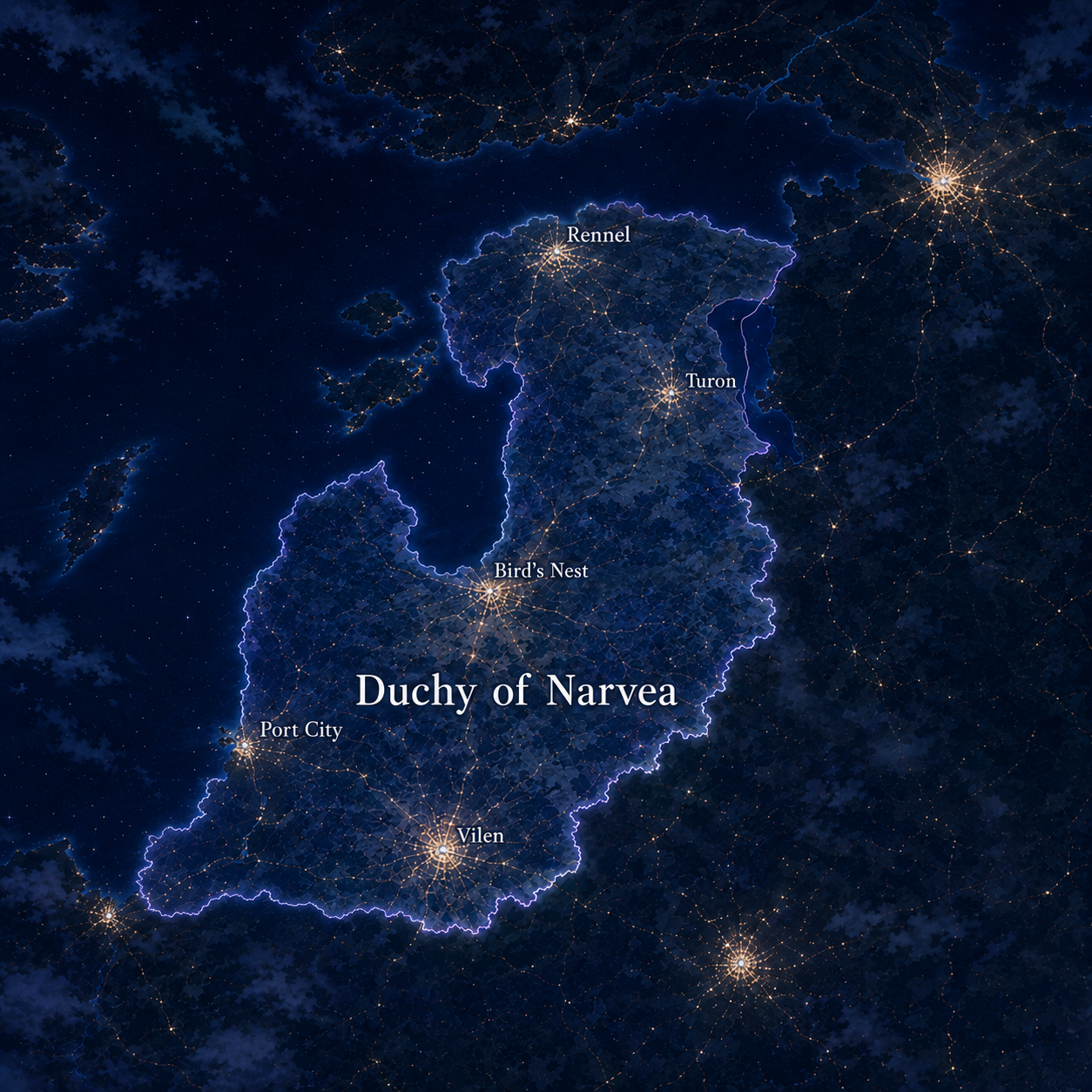 Map of the Duchy of Narvea showing Rennel, Turon, Vilen, Bird's Nest, and Port City
