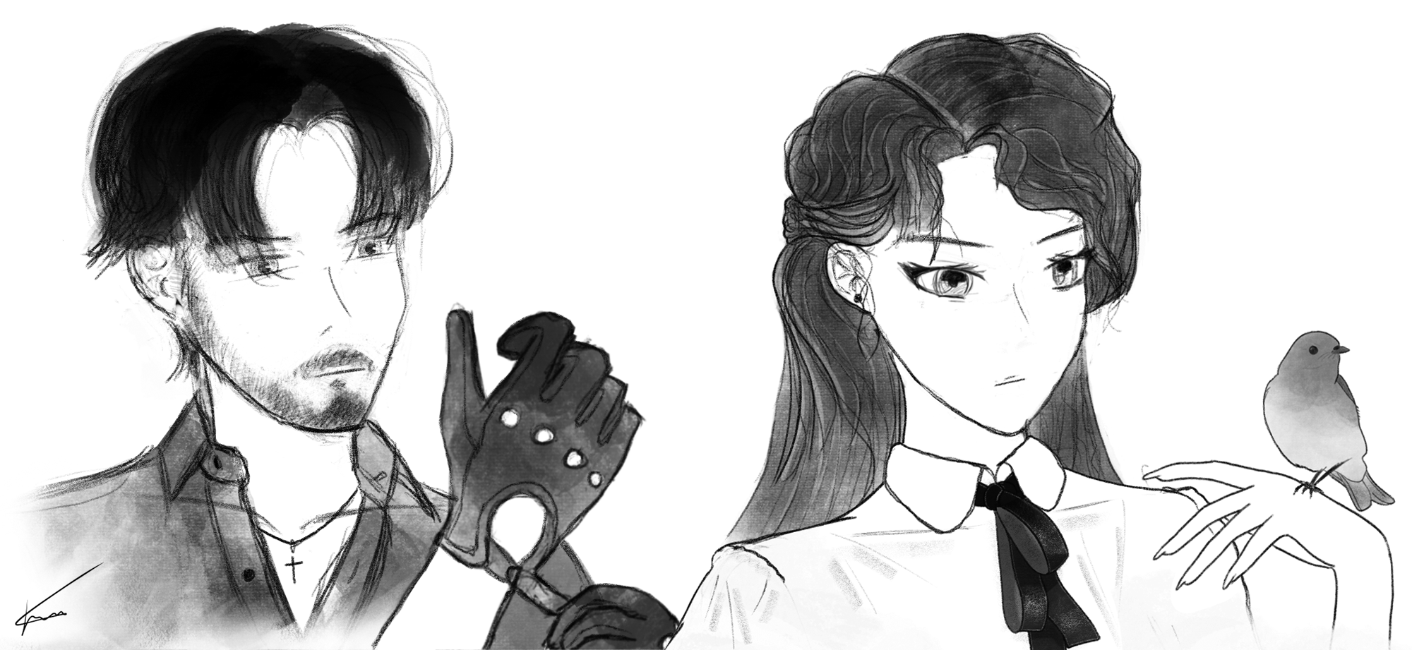 Part 1 of Kiril Bekulov's earliest cast sketch, 2021 or earlier: a bearded man putting on a glove and a woman with a bird perched on her hand. Unrelated to current characters.